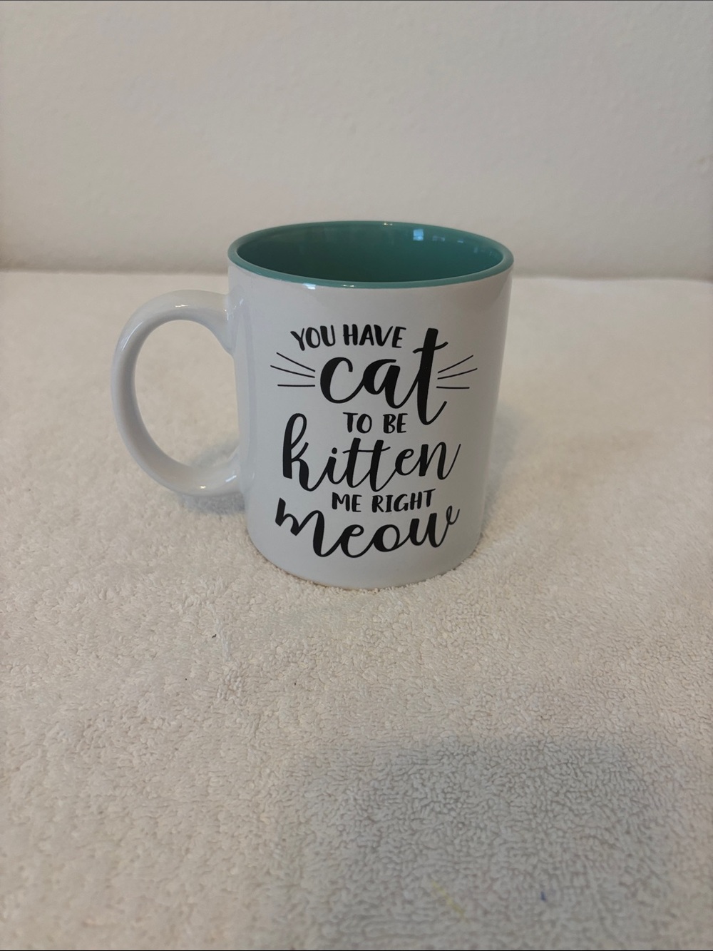 Open Road Brands White Coffee Mug with Teal Interior - Cat Pun Design